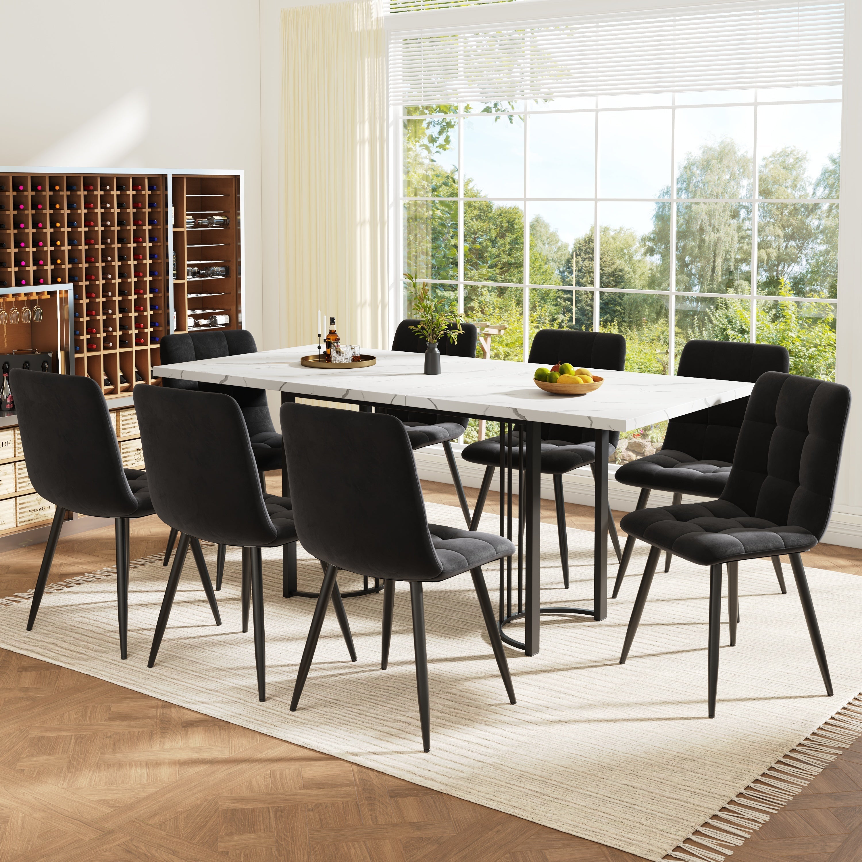 9-Piece Dining Set Extendable Rectangular Table for 8 Black Velvet