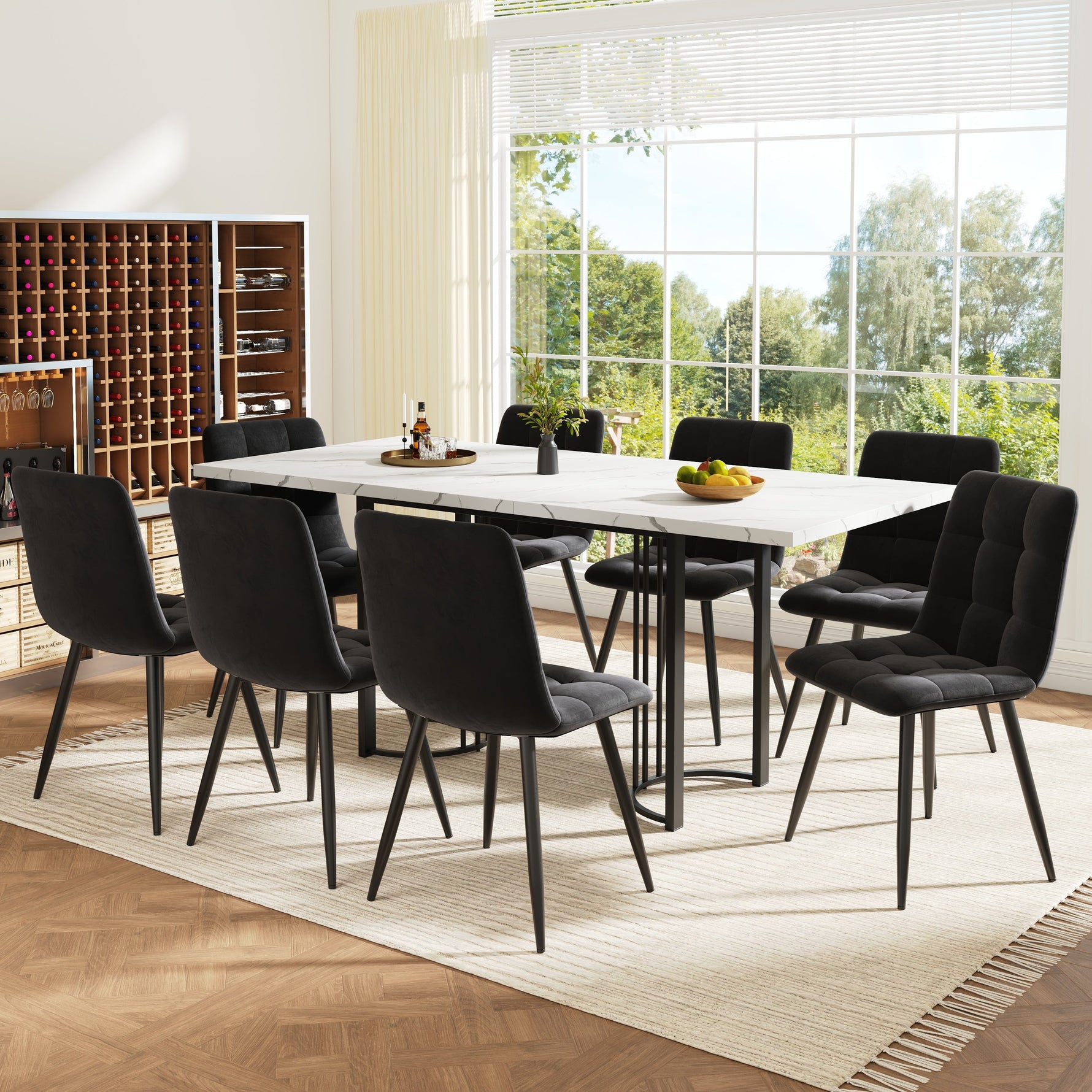 9-Piece Dining Set Extendable Rectangular Table for 8 Black Velvet