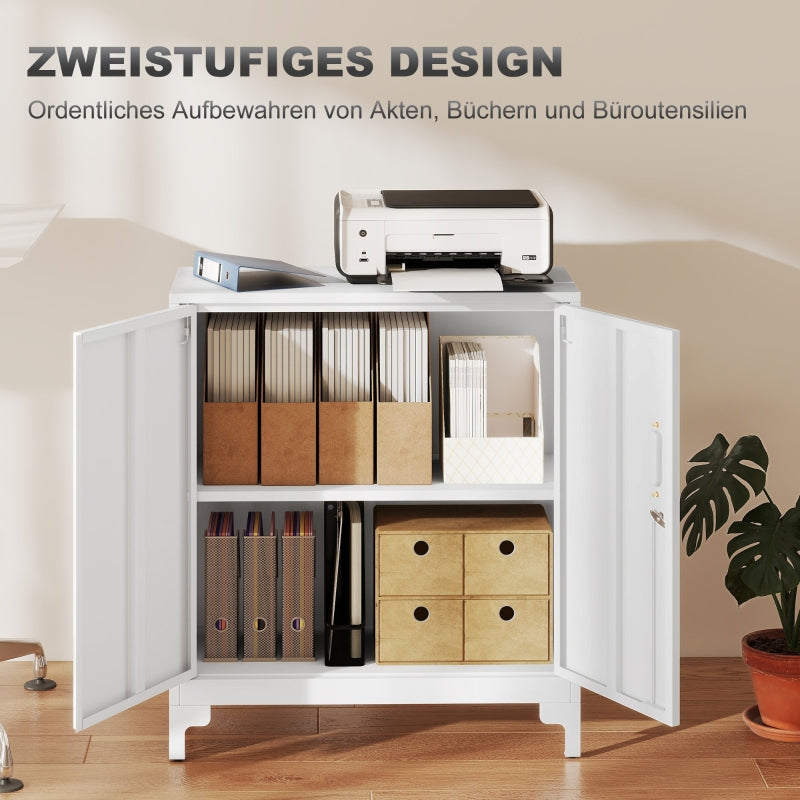Metal Office Cabinet, Lockable Doors 2-Tier, White