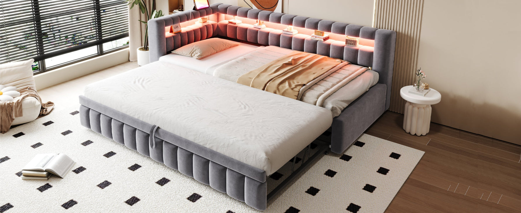 Upholstered Sofa Bed with LED Lighting and USB Charging, 90x200cm, Dark Grey Velvet