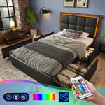 Bed Frame, LED, 4 Drawers, Adjustable Headboard, Black PU