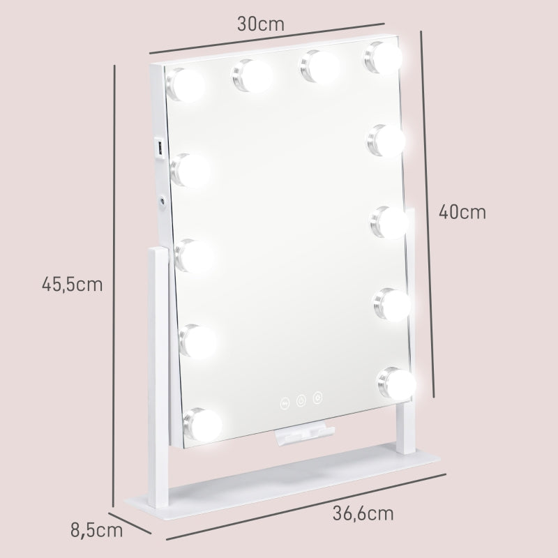 Hollywood Mirror, 12 LEDs, 3 Light Colors, USB Charging, White