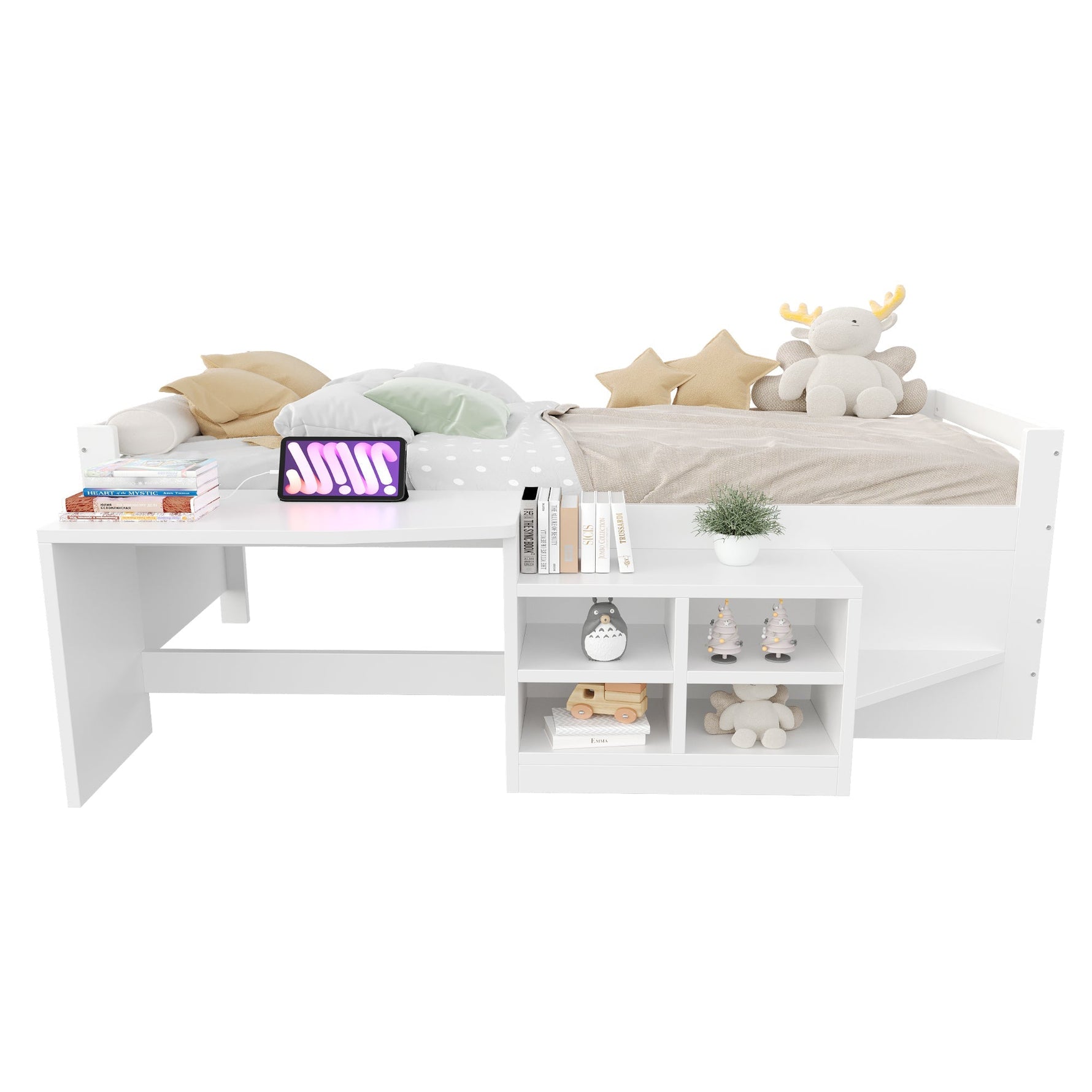 Children's Bed 90x200cm, Storage & Desk with Sockets, Wooden White
