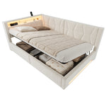 Upholstered Bed 140x200cm with Storage & LED Light in Beige Velvet