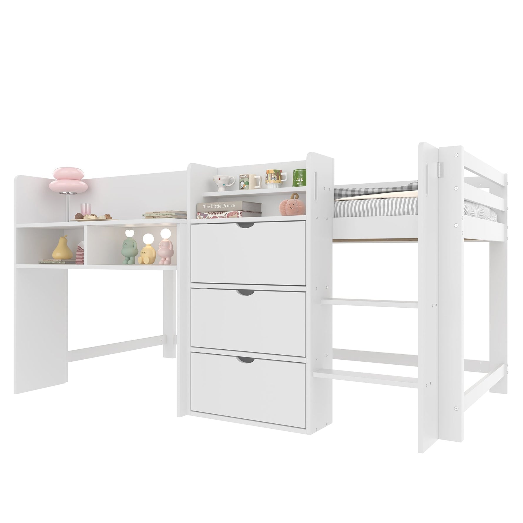 Mid-height Bed 90x200cm House Shape Storage Entertainment Area, White