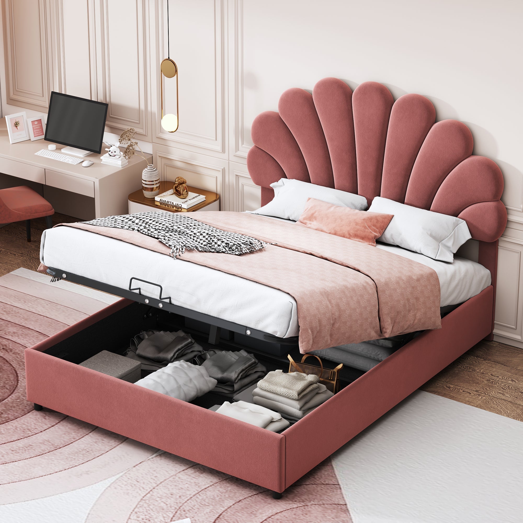 Upholstered Bed, 140x200cm, Floral Headboard, Hydraulic Storage, Pink Velvet