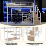 Loft Bed 140x200cm with Ladder Cabinet & LED, White Metal