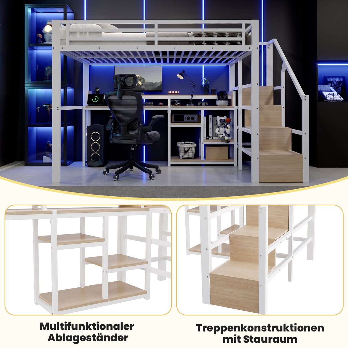 Loft Bed 140x200cm with Ladder Cabinet & LED, White Metal