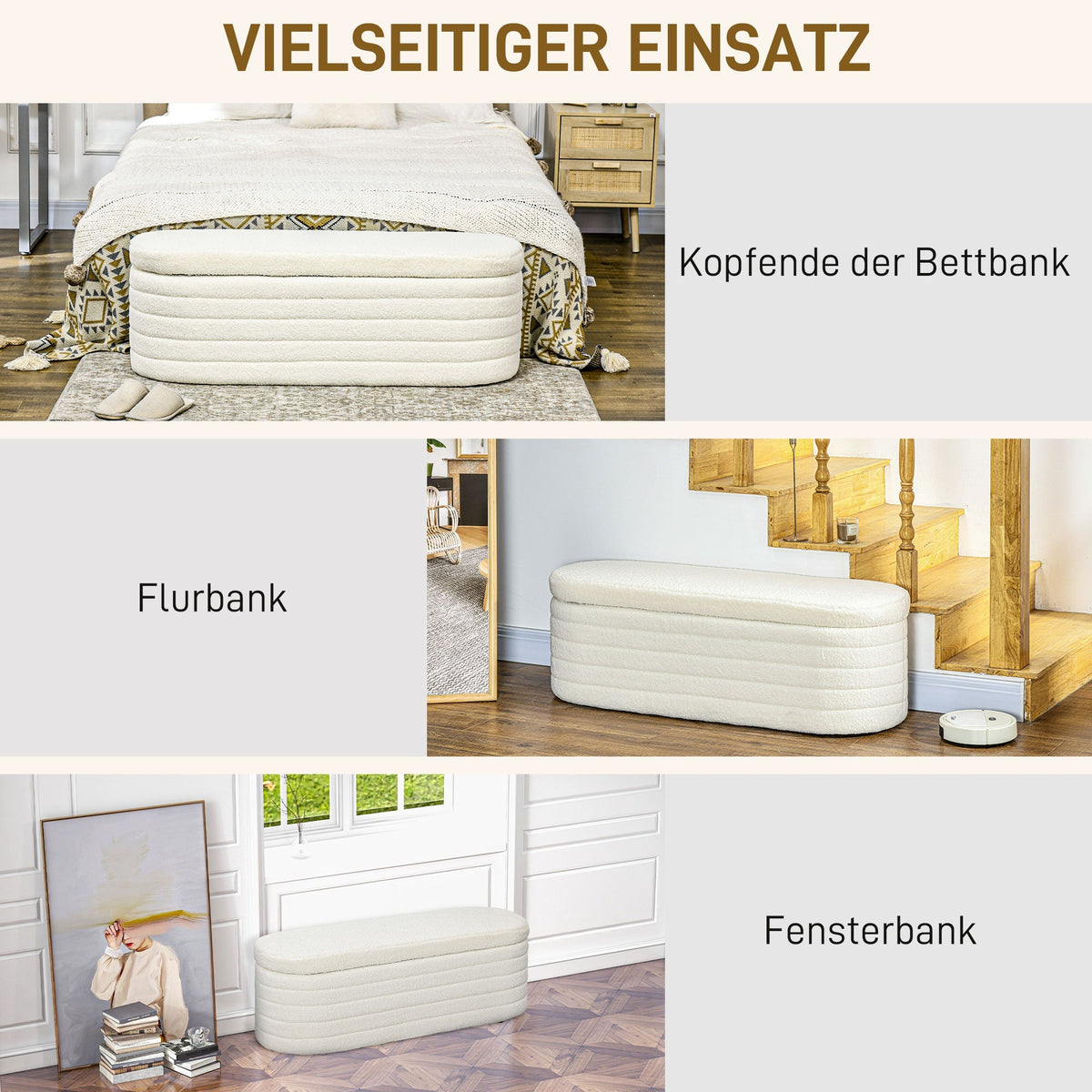 Bedroom Bed Bench Storage Wooden Legs Teddy Fleece Cream White