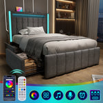 Upholstered Bed, USB-C, LED, 2 Drawers, Grey Fabric