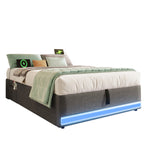 Upholstered Bed 90x200cm Hydraulic Storage with LED & USB/Type-C Ports Grey