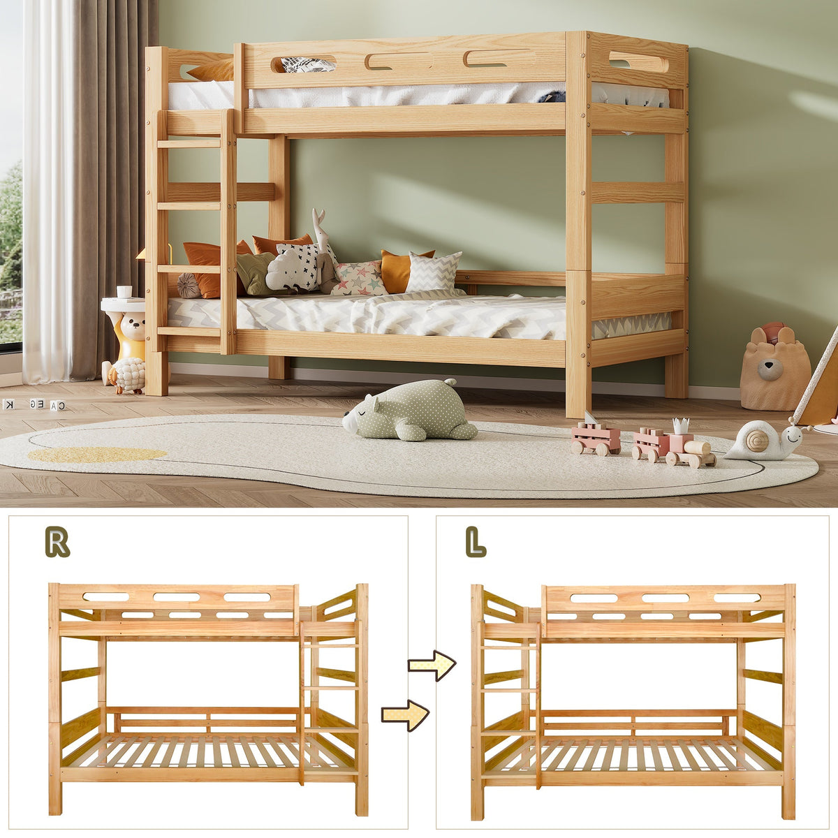 Bunk Bed 90x200cm Divisible 2 Single Beds Sturdy Pine Frame, Natural