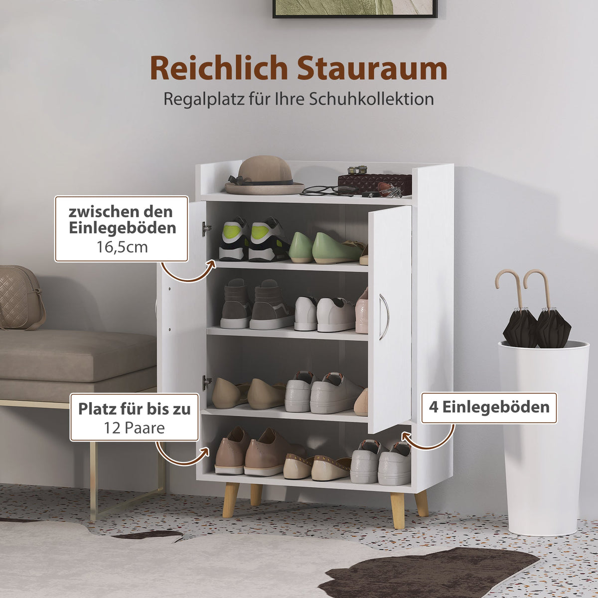 Shoe Cabinet with Doors and Shelves, Holds 12 Shoes, White Wood