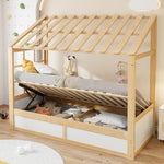 Kids Country Bed 90x200cm with Storage & Roof, Wood & White