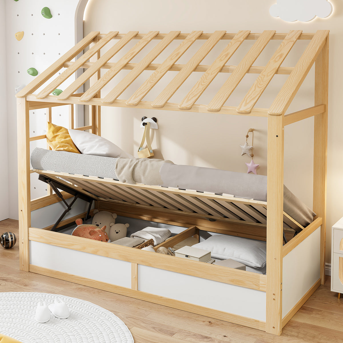 Kids Country Bed 90x200cm with Storage & Roof, Wood & White
