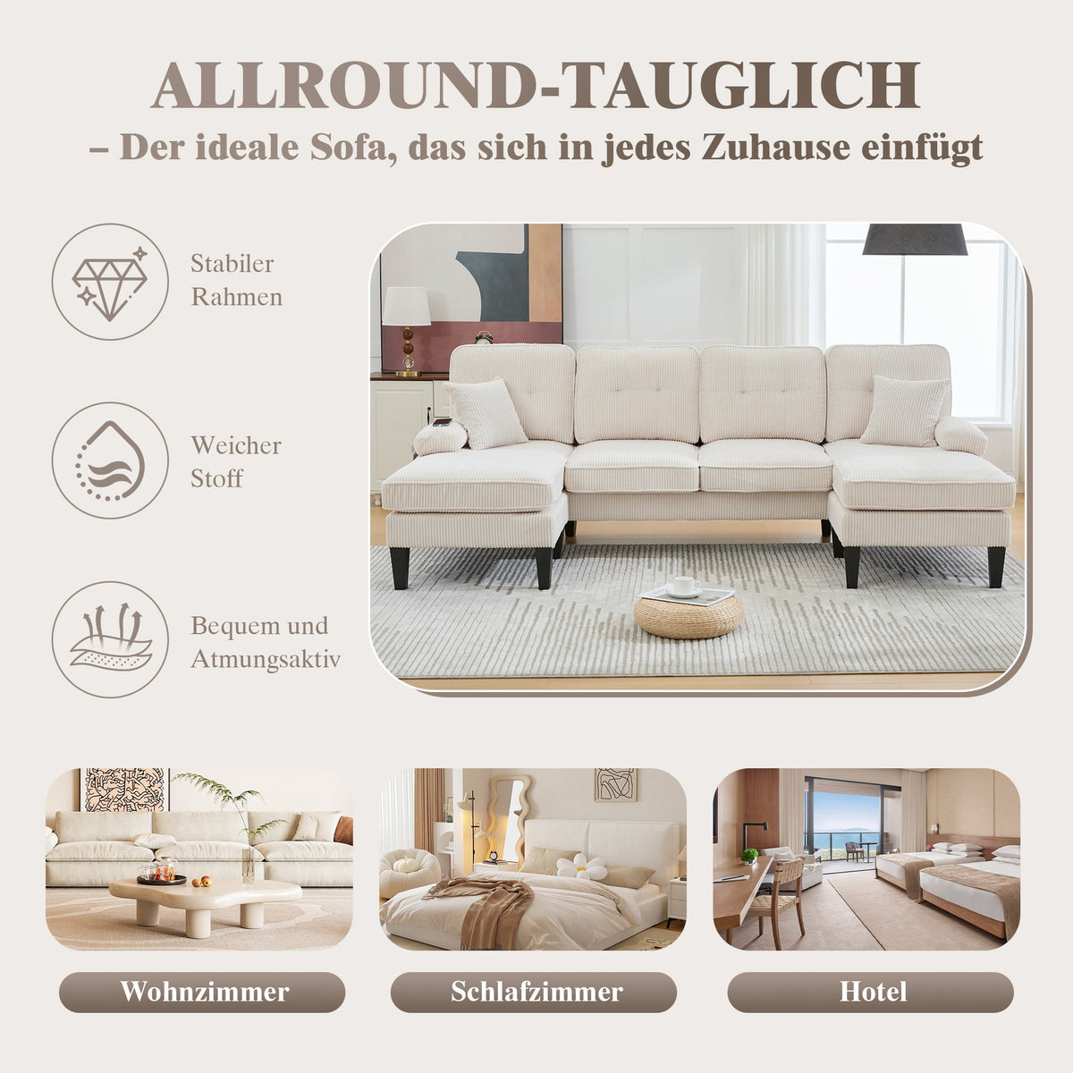 Modern 4-Seater U-Shaped Sofa with Double Chaise Lounge and Corduroy Upholstery, Beige