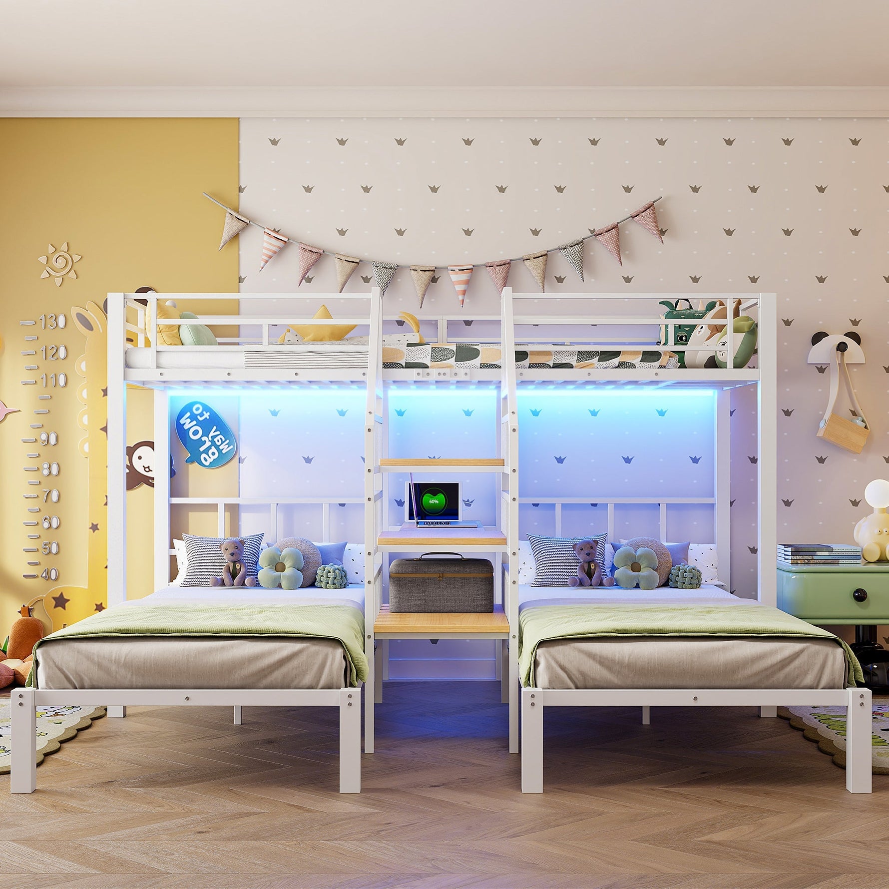 Bunk Bed with LED Lights, Integrated Storage Ladder, USB Ports and Desk, White