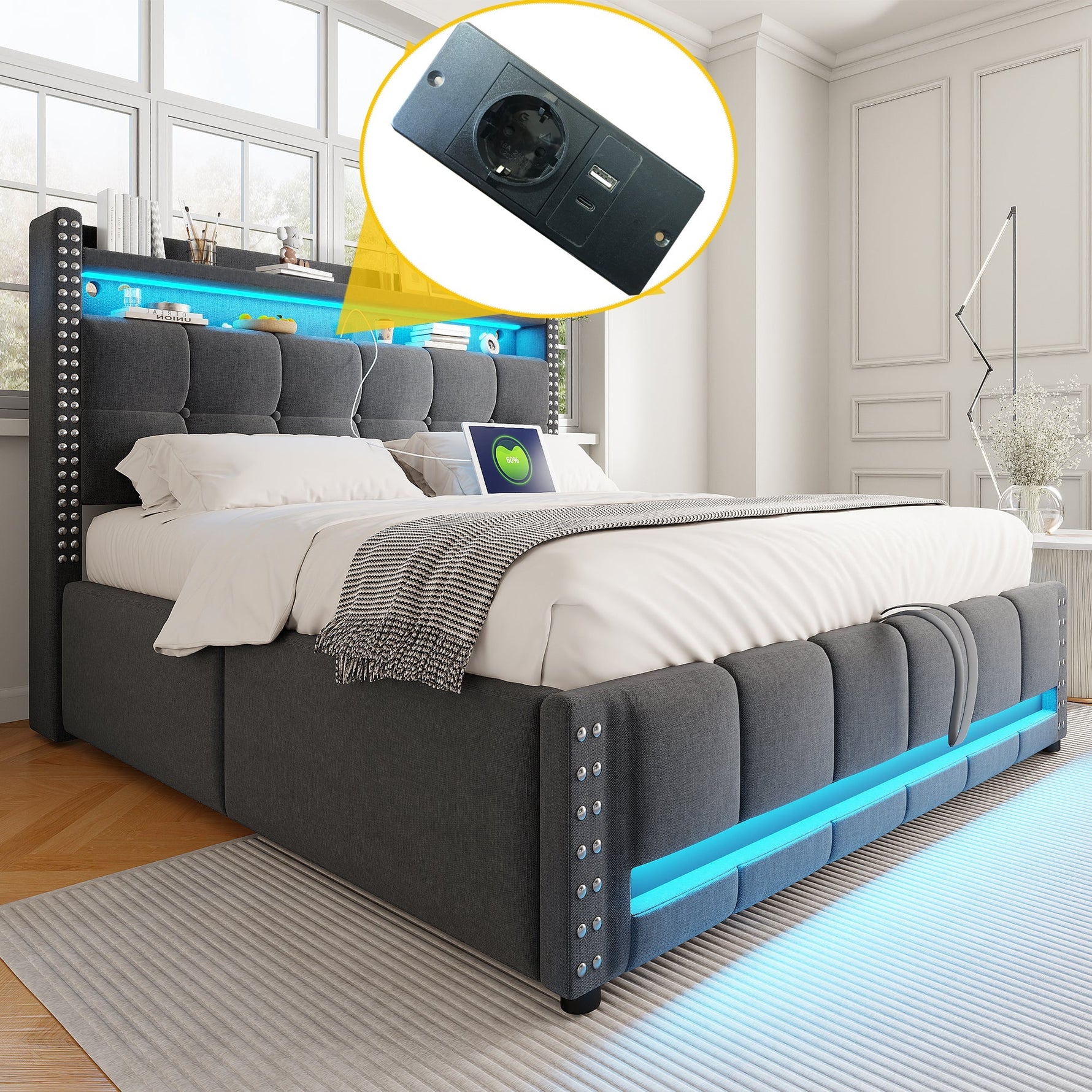 Upholstered Bed 140*200cm, LED & USB, Hydraulic Storage, Linen Fabric Grey