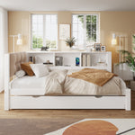 Daybed with Pull-Out Bed, LED Strip, Storage Shelf and USB Port, Pine Wood White