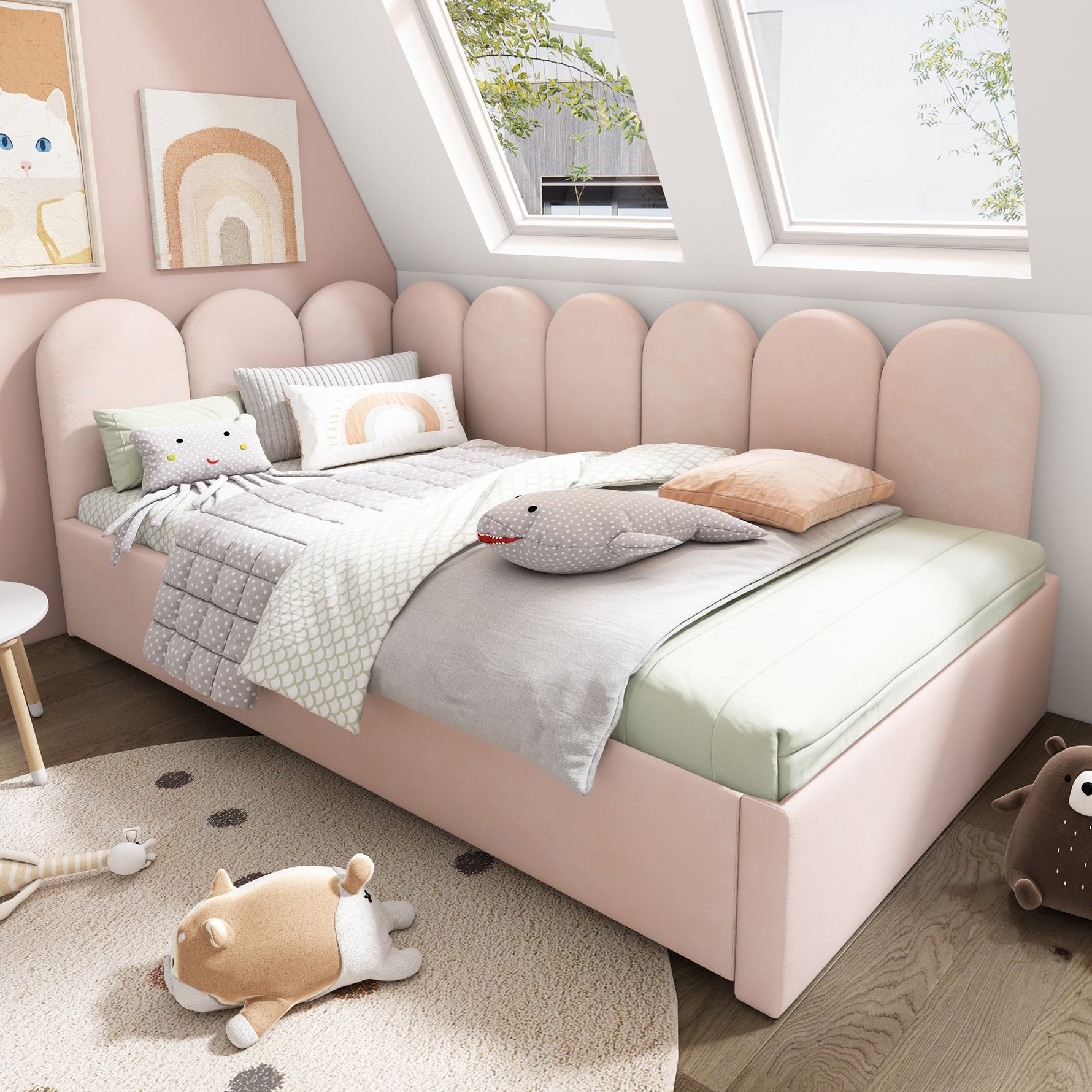 Upholstered Daybed Sofa Bed with Pull-out (90x200cm/90x190cm) Slatted Base, Velvet Pink