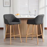 Modern European Bar Stools with High Backrest and Armrests, Set of 2, Beige Linen