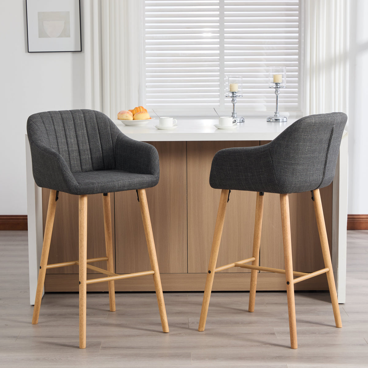 Modern European Bar Stools with High Backrest and Armrests, Set of 2, Beige Linen