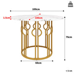 Round Dining Table, 100x100x76cm, Coffee Table for 4, MDF Marbled Top, Golden Metal Legs