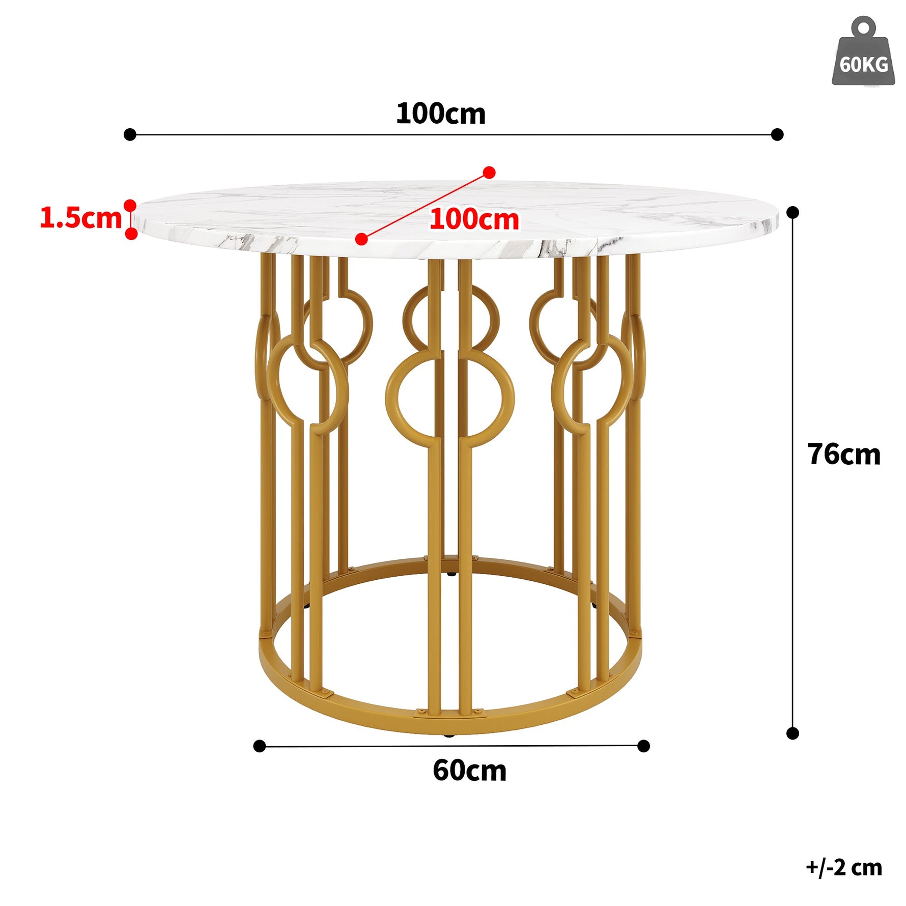 Round Dining Table, 100x100x76cm, Coffee Table for 4, MDF Marbled Top, Golden Metal Legs