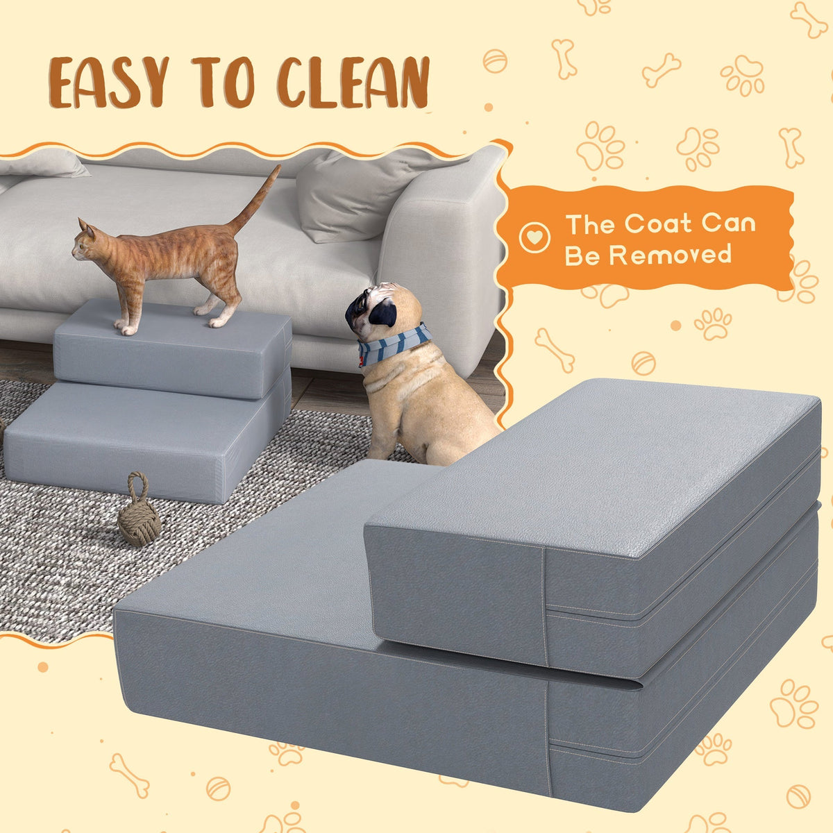 Pet Stairs, 2 Steps Foldable, Dog Stairs, Grey PU Leather