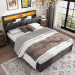 Upholstered Storage Bed 140x200cm LED Light & Drawers, Grey Linen