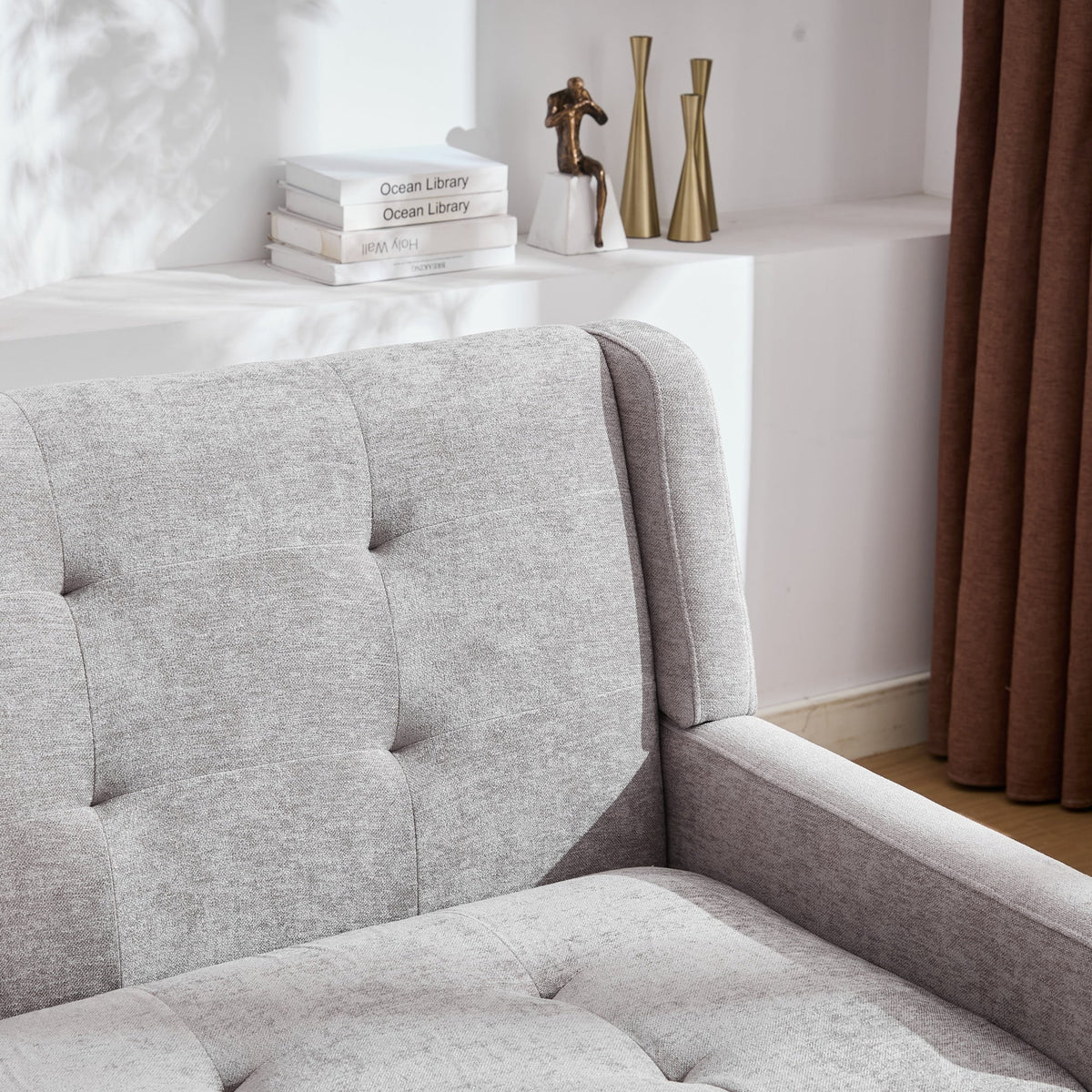 2-Seater Linen Bench with Button Tufting and Solid Wood Legs, Natural Linen