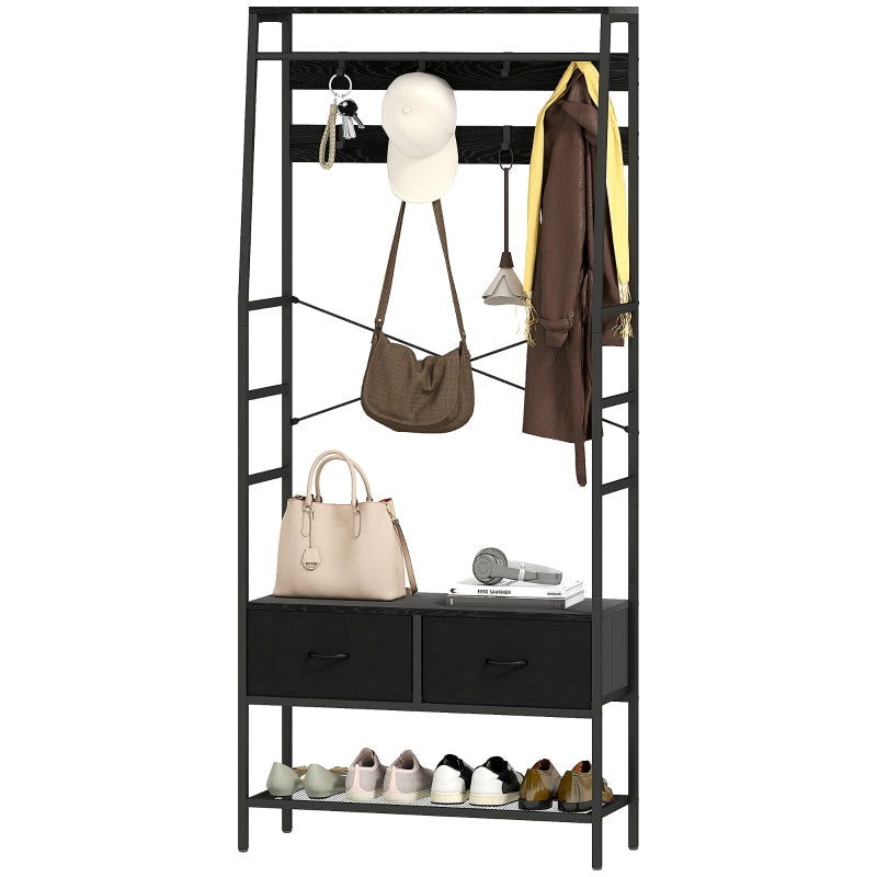 Coat Rack, Shoe Rack, 2 Fabric Drawers, 8 Hooks, Black