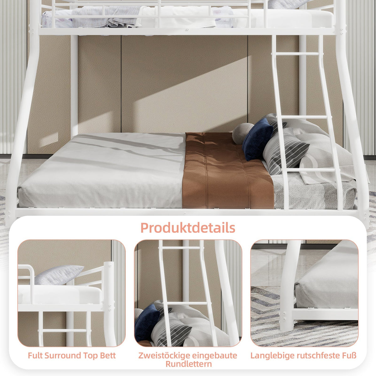 Bunk Bed, Twin Over Full with Ladder & Guardrail, Heavy Duty Metal