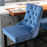 Barstools Set of 2 Velvet Upholstered Button Tufted Wooden Legs - Blue