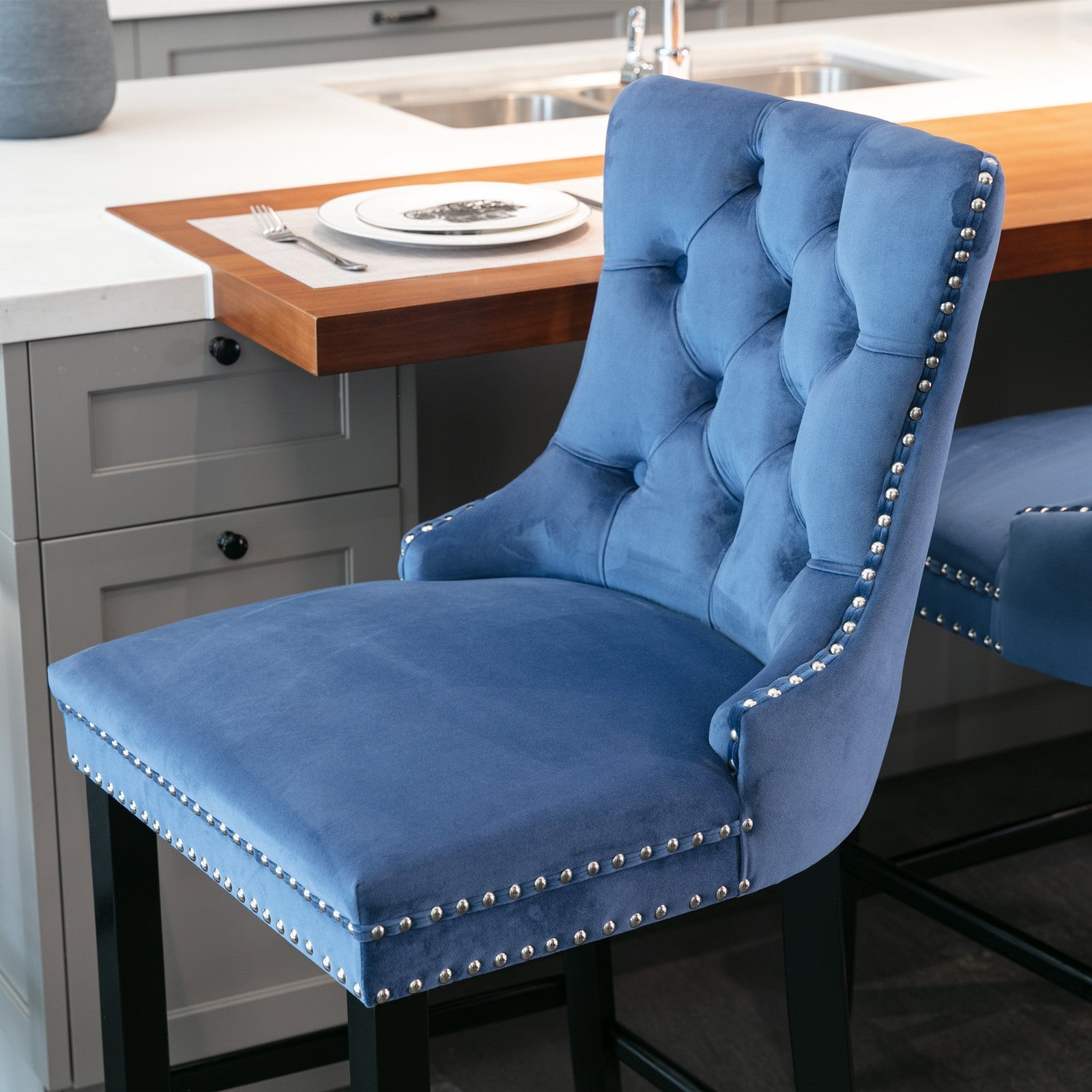 Barstools Set of 2 Velvet Upholstered Button Tufted Wooden Legs - Blue