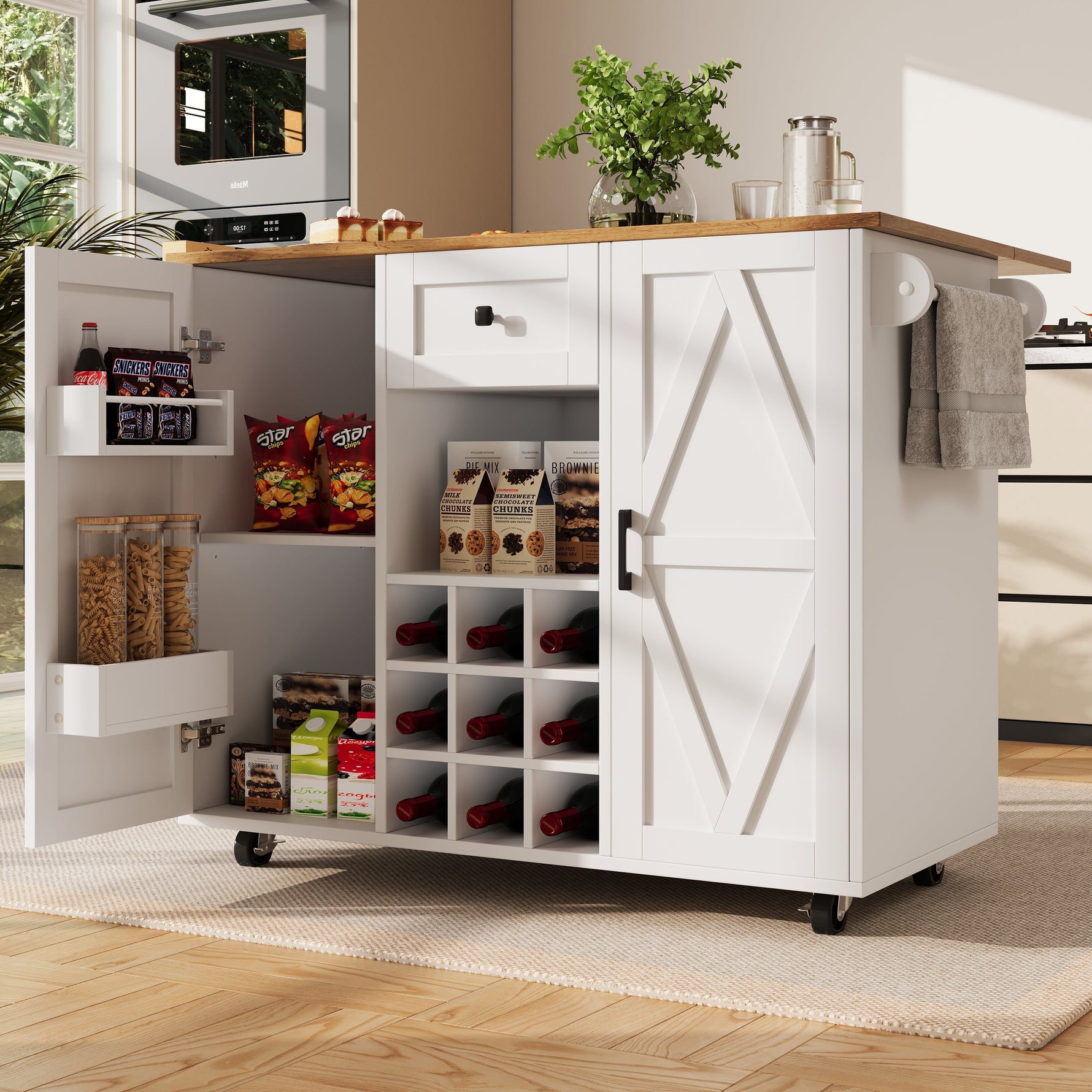 Kitchen Island Dining Cart Extendable Multifunctional Storage - Wood Grain