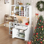 Tall Kitchen Cabinet with LED Lighting, Power Outlet and Spice Rack, White and Wood Look