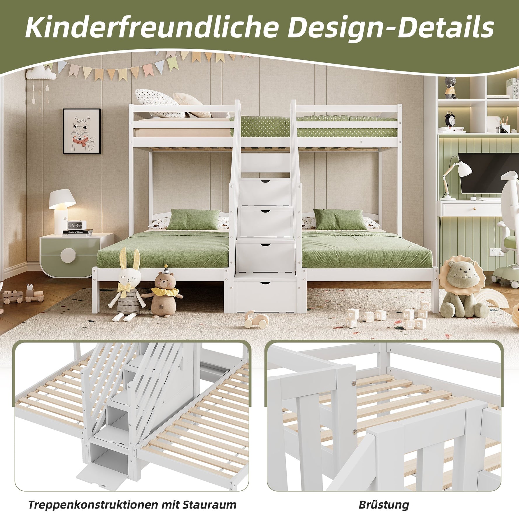 Bunk Bed with 3 Beds and Storage Ladder, White Pine Wood