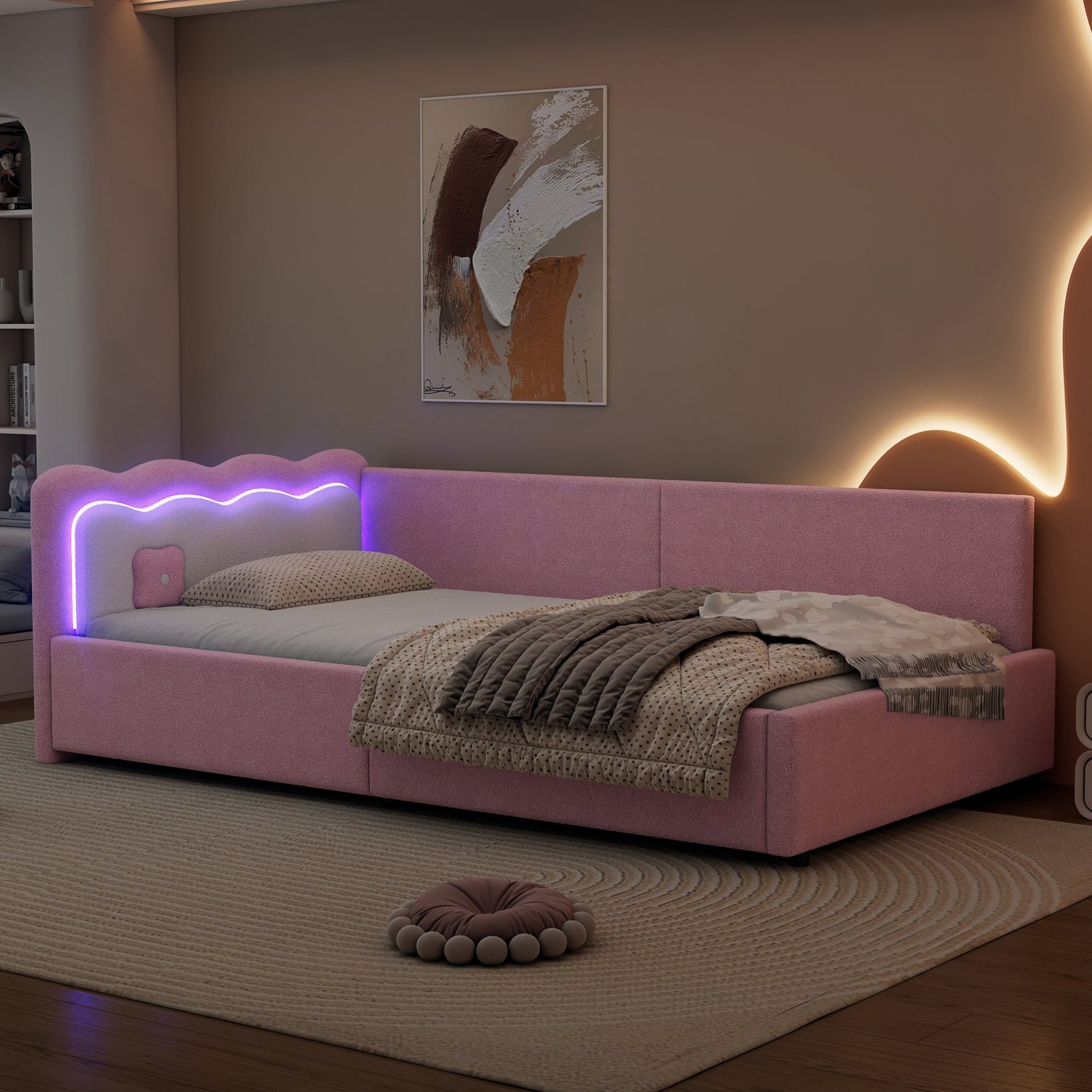 Daybed Sofa Bed with LED Ambient Light and Slatted Base, Pink Imitation Fleece
