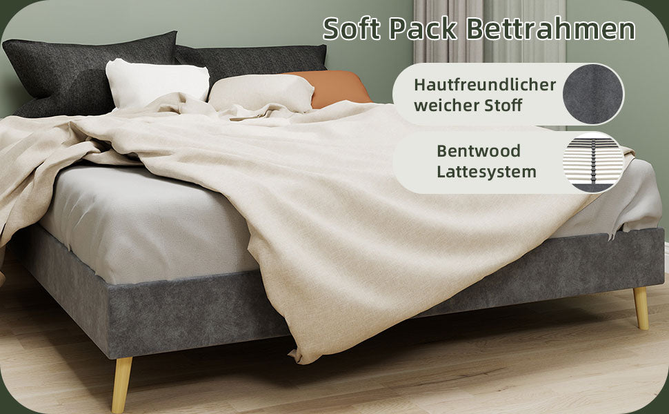 Modern Minimalist Bed Frame - 160x200 cm, Low-Profile, Grey Dutch Velvet
