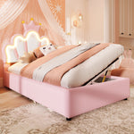Upholstered Bed 90x200cm Hydraulic Storage LED Crown Shape Adjustable Headboard - PU Pink