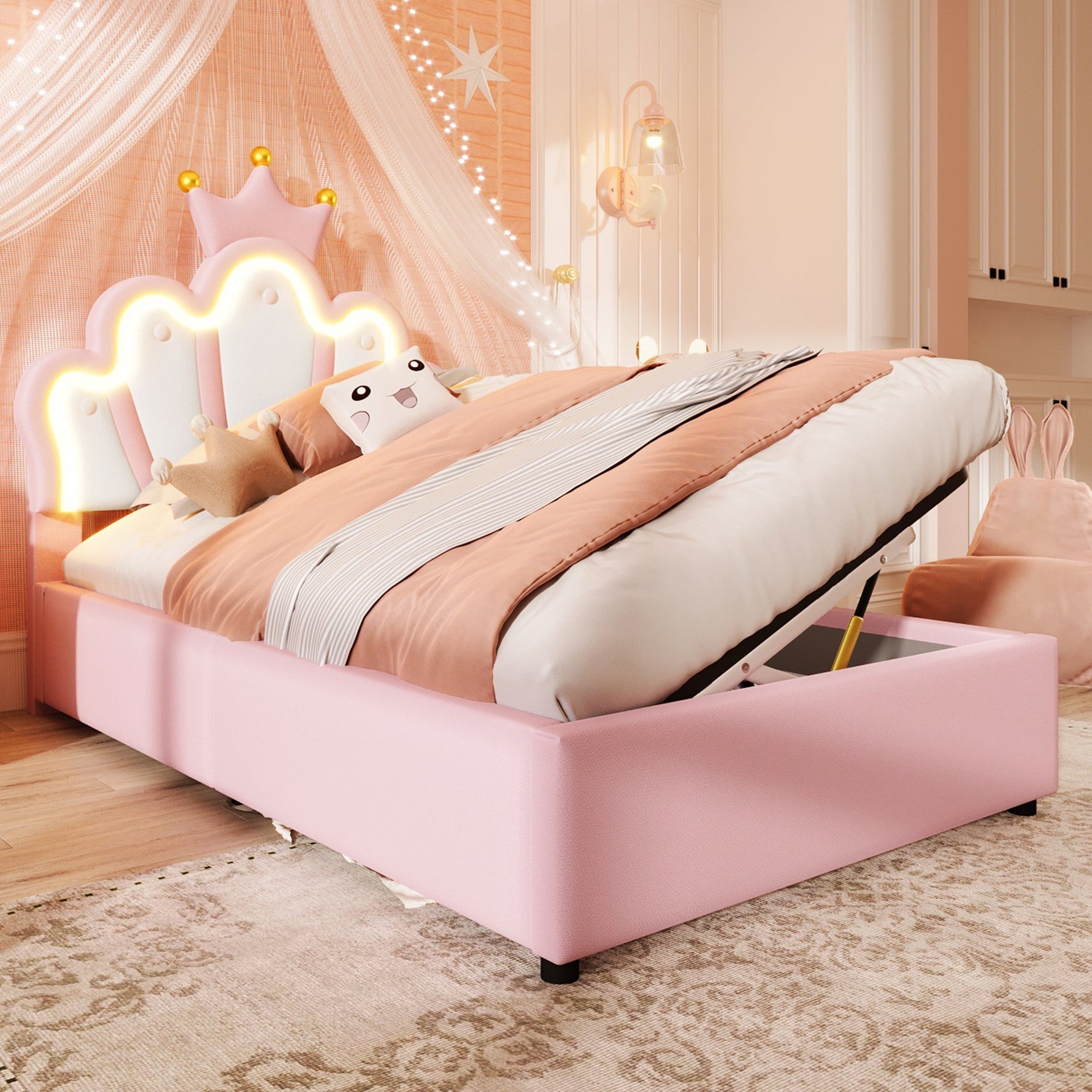 Upholstered Bed 90x200cm Hydraulic Storage LED Crown Shape Adjustable Headboard - PU Pink
