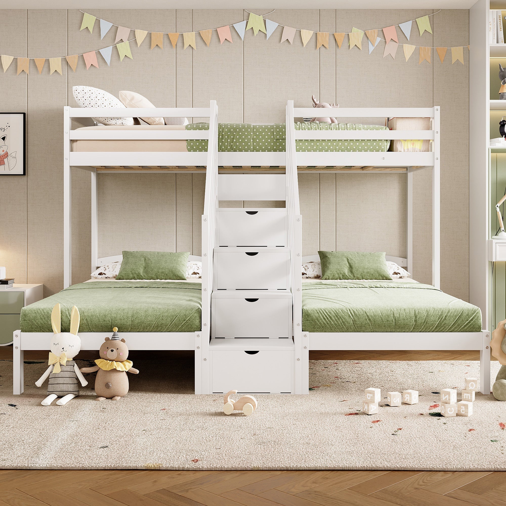Bunk Bed with 3 Beds and Storage Ladder, White Pine Wood