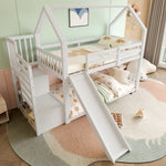 Bunk Bed House 90x200cm Storage Stairs Slide Railing - White