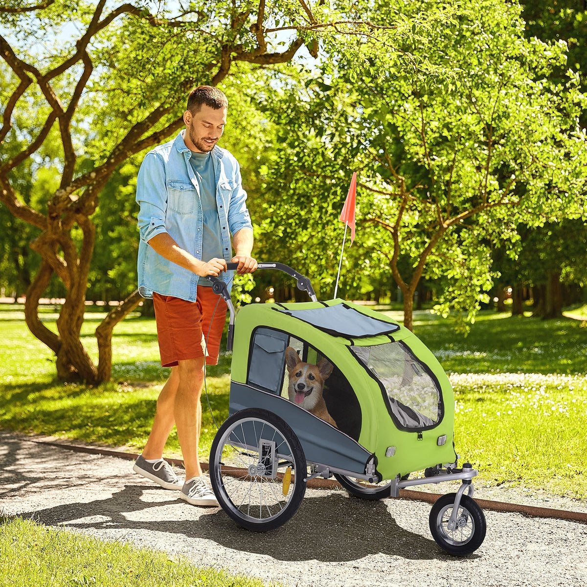 Dog Trailer Jogger Bike Trailer, Large & Sturdy, with Safety Flag, Green+Gray