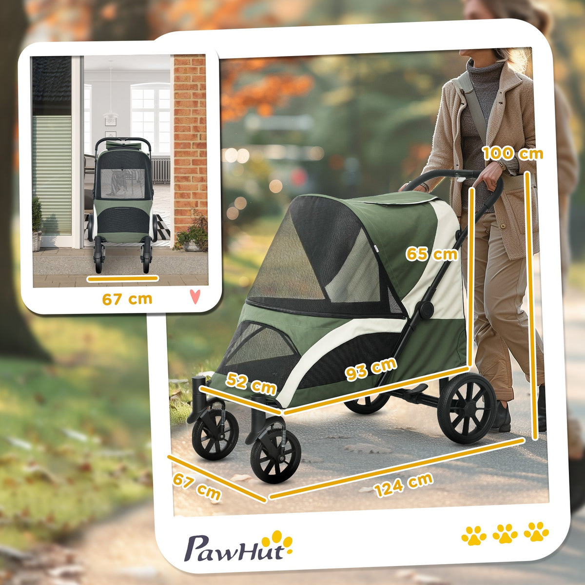 Dog Stroller Foldable, 30 kg, Mesh Windows, Dark Green