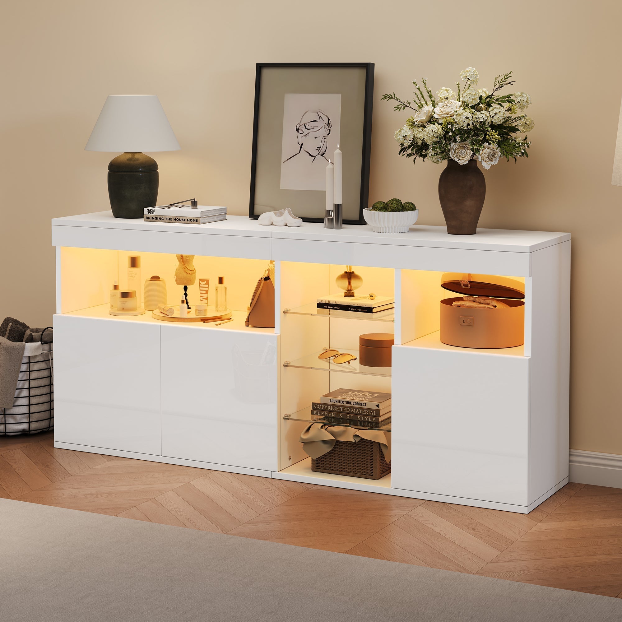 High-Gloss Cabinet 155.5cm LED 3 Doors Glass Partitions - White