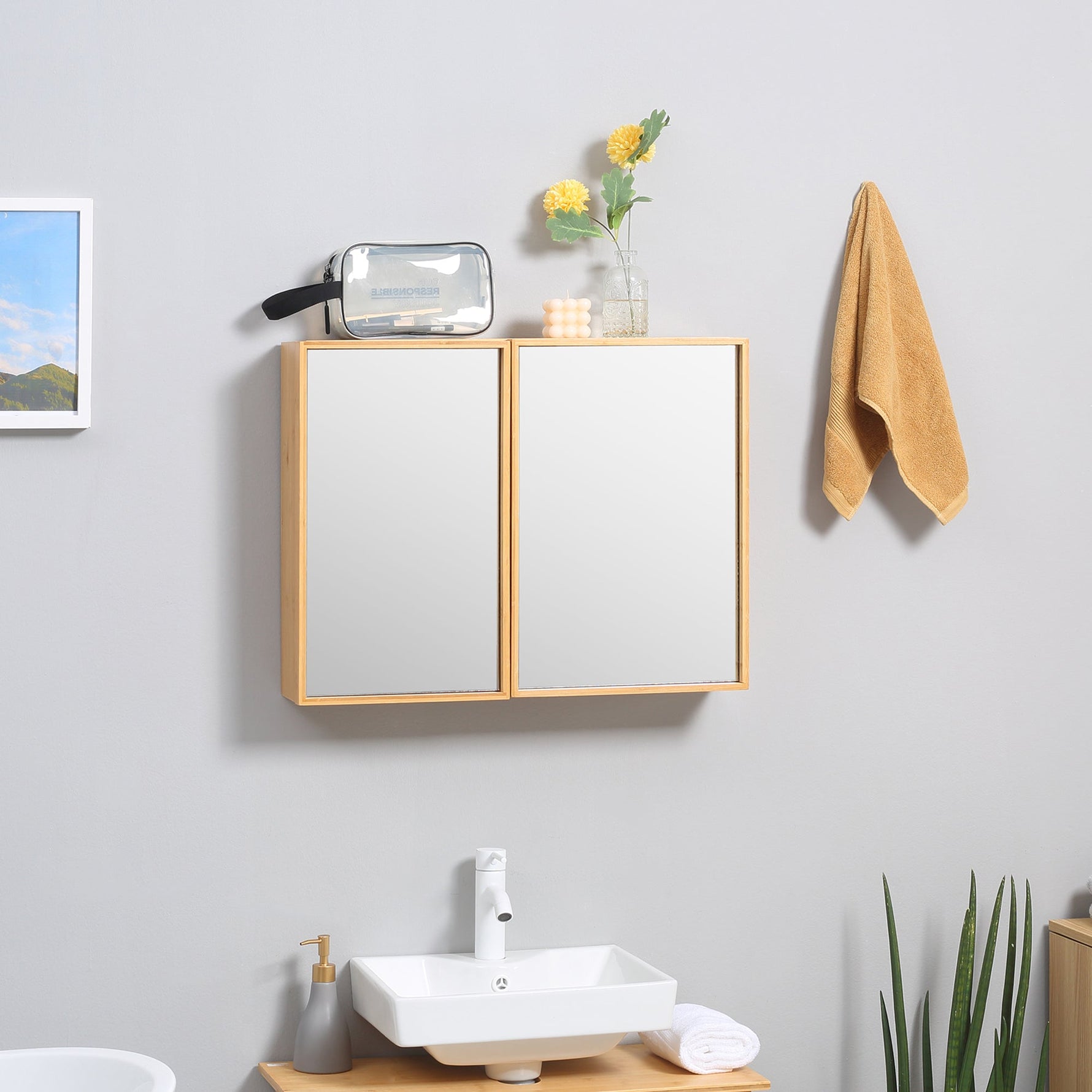 Bathroom Mirror Cabinet Double Door 3 Shelves Wall-Mounted Bamboo Natural