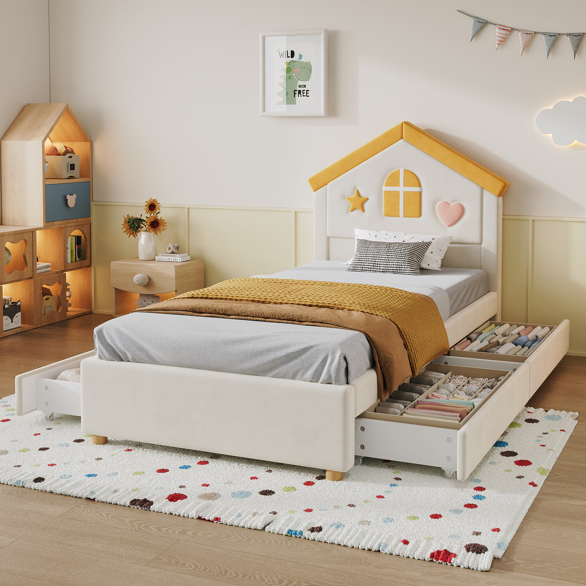 Children's House Bed 90x200 with 4 Drawers, Beige Velvet