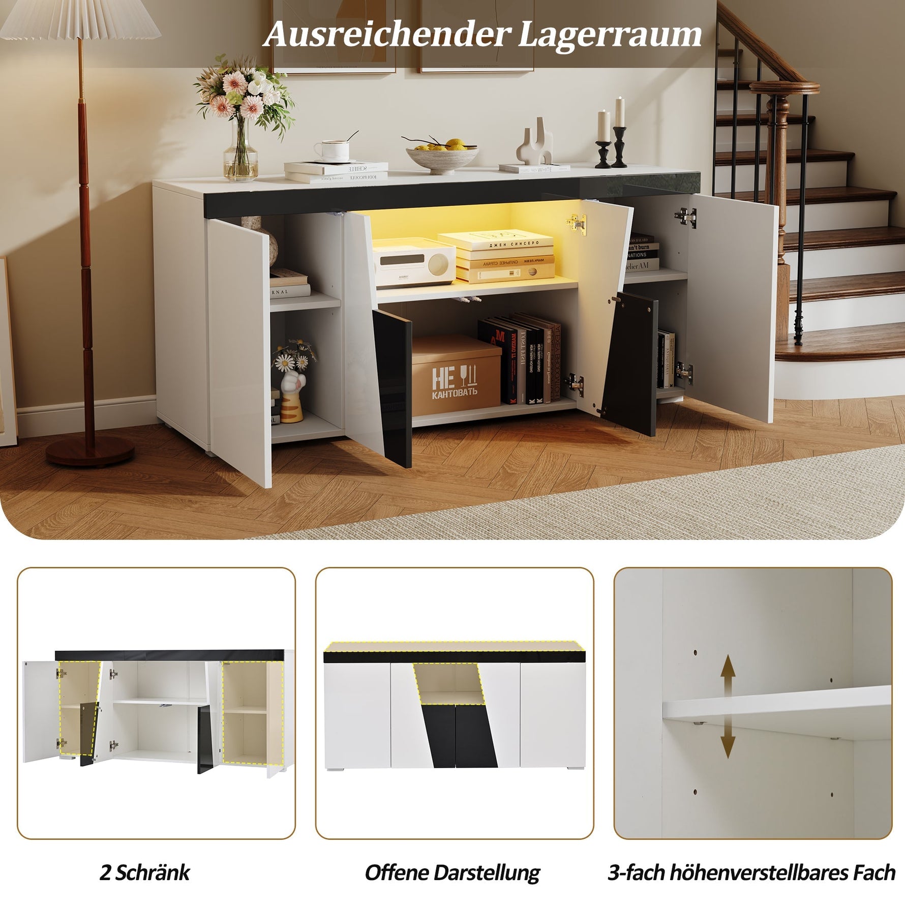 Living Room Sideboard 140x40x65cm Large Storage 4 Doors LED Light Strip Angled Design Black and White